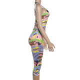 Summer Women's Colorblock Bodycon Bodysuit and Cropped Pants Set