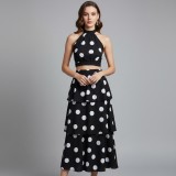 Women's Polka Dot Halter Neck Low Back Crop Top and Slim Waist Cascading Ruffle Long Skirt Set