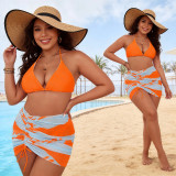 Plus Size Women's Printed Halter Neck Mesh Three-Piece Bikini Swimsuit