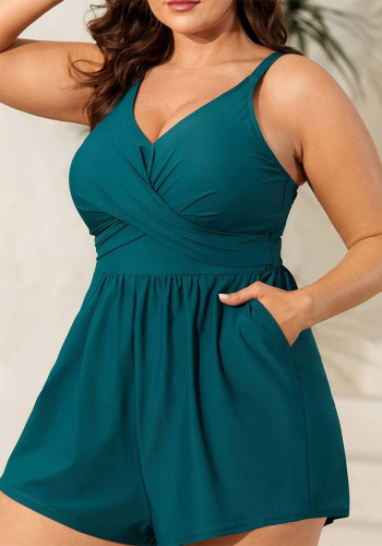 Holiday Plus Size Women's V-Neck High-Waist Skort Swimsuit with Pockets