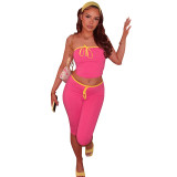 Women Sleeveless Sexy Crop Strapless Top Tight Fitting Capri Pants Color Block Set