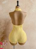 Women Stripe Halter Neck Deep V Hollow Out Knit Romper