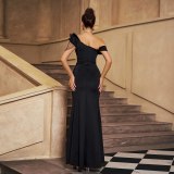 Women Sleeveless Slash Shoulder Formal Party Sequined Slit Evening Dress