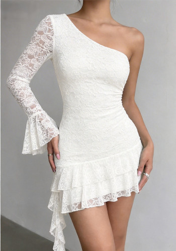Summer Women Chic Lace One-Shoulder Fitted Mini Dress Sexy Party Dress