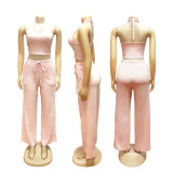 Summer Women Casual Street Halter Top & High Waist Wide Leg Pants Set