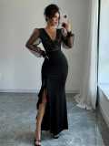 Spring & Autumn Women Elegant Sexy V-Neck High Waist Fitted Sequin Patchwork Elastic Knit Long Dress
