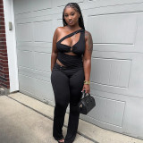 Summer Women Solid Color Slash Shoulder Hollow Out Open Waist Jumpsuit