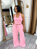 Summer Women Casual Street Halter Top & High Waist Wide Leg Pants Set