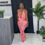 Summer Women Sexy Metallic Halter Neck Pink Printed Low Back Jumpsuit