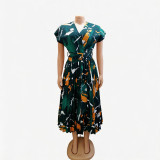 Summer Women Printed Pleated Midi Dress Slim Waist V-Neck Loose Casual Dress
