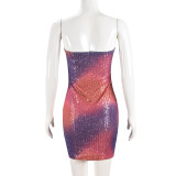 Women Color Block Tie-Dye Sequin Low Back Strapless Evening Party Dress