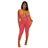 Women Fitted Cowl Neck Halter Neck Low Back Top Tight Fitting Capri Pants Two-Tone Set