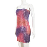 Women Color Block Tie-Dye Sequin Low Back Strapless Evening Party Dress