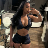 Women Crop Halter Neck Cami Top Tight Fitting Solid Color Shorts Two-Piece Set
