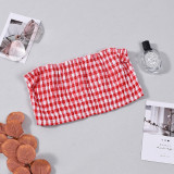Women Sexy Wrap Strapless Top Plaid Long Skirt Two-Piece Set