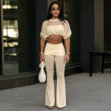 Women Solid Color Mesh Patchwork See-Through Crop Top Bell Bottom Pants Two-Piece Set