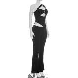 Summer Women Solid Color Slash Shoulder Hollow Out Open Waist Jumpsuit