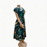 Summer Women Printed Pleated Midi Dress Slim Waist V-Neck Loose Casual Dress