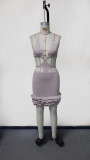 Summer Women Solid Color Strap Low Back Holiday Style One-Piece Beach Dress