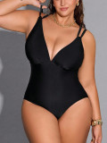 Plus Size Women Solid Color One-Piece Deep V Lace-Up Cross Low Back High Waist Tight Fitting Swimsuit