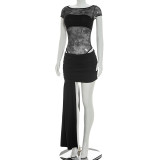 Spring Summer Women Sexy Lace Patchwork Ruched Skirt Set