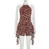 Summer Women Casual Sleeveless Halter Neck Top Printed Shorts Set