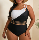 Plus Size Women Two-Piece Slash Shoulder Color Block Hollow Out Bikini Swimsuit