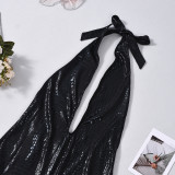 Women Faux Leather Halter Neck Low Back Sexy Hollow Out Tight Fitting Jumpsuit