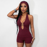 Women Solid Color Halter Neck Tie Cami Top Tight Fitting Shorts Two-Piece Set