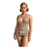 Women Halter Neck Striped V Neck Ribbed Romper