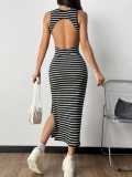 Women Striped Slit Dress Sexy Ribbed Knit Maxi Dress Holiday Style