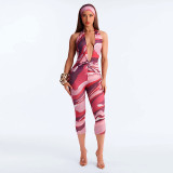 Women Deep V Printed Halter Neck Tight Fitting Capri Jumpsuit Two-Piece Set