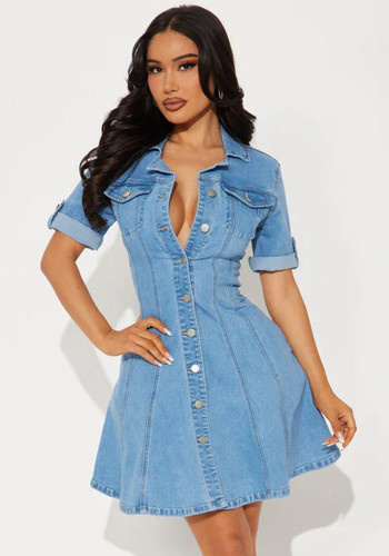 Women Casual Turndown Collar Denim Dress
