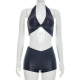 Women Crop Halter Neck Cami Top Tight Fitting Solid Color Shorts Two-Piece Set