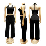 Summer Women Casual Street Halter Top & High Waist Wide Leg Pants Set