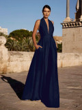 Spring Women's Sleeveless Halter Neck Solid Color V-Neck Wide Leg Jumpsuit