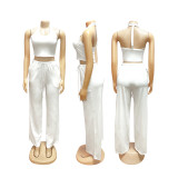 Summer Women Casual Street Halter Top & High Waist Wide Leg Pants Set