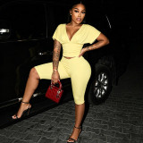Women Solid Color V-Neck Ruffled Short Sleeve Top Tight Fitting Capri Pants Two-Piece Set