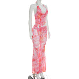 Summer Women Sexy Metallic Halter Neck Pink Printed Low Back Jumpsuit