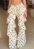 Summer Women Polka Dot Printed Lace-Up Patchwork Ruffled Bell Bottom Pants