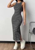 Women Striped Slit Dress Sexy Ribbed Knit Maxi Dress Holiday Style