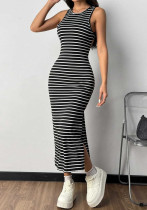 Women Striped Slit Dress Sexy Ribbed Knit Maxi Dress Holiday Style Women Striped Slit Dress Sexy Ribbed Knit Maxi Dress Holiday Style