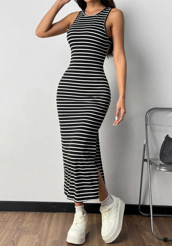 Women Striped Slit Dress Sexy Ribbed Knit Maxi Dress Holiday Style