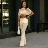 Women Solid Color Mesh Patchwork See-Through Crop Top Bell Bottom Pants Two-Piece Set