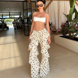 Summer Women Polka Dot Printed Lace-Up Patchwork Ruffled Bell Bottom Pants