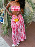 Women Sexy Wrap Strapless Top Plaid Long Skirt Two-Piece Set
