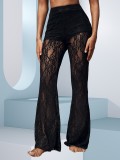 Spring & Summer Women Black Lace See-Through High Waist Bell Bottom Wide Leg Beach Pants Holiday Style