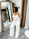 Summer Women Casual Street Halter Top & High Waist Wide Leg Pants Set