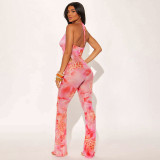 Summer Women Sexy Metallic Halter Neck Pink Printed Low Back Jumpsuit