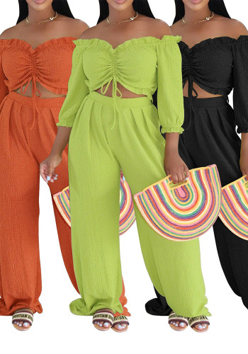 Women Short-Sleeve Ruffled Tie-Waist Top and Pant Two-Piece Set
